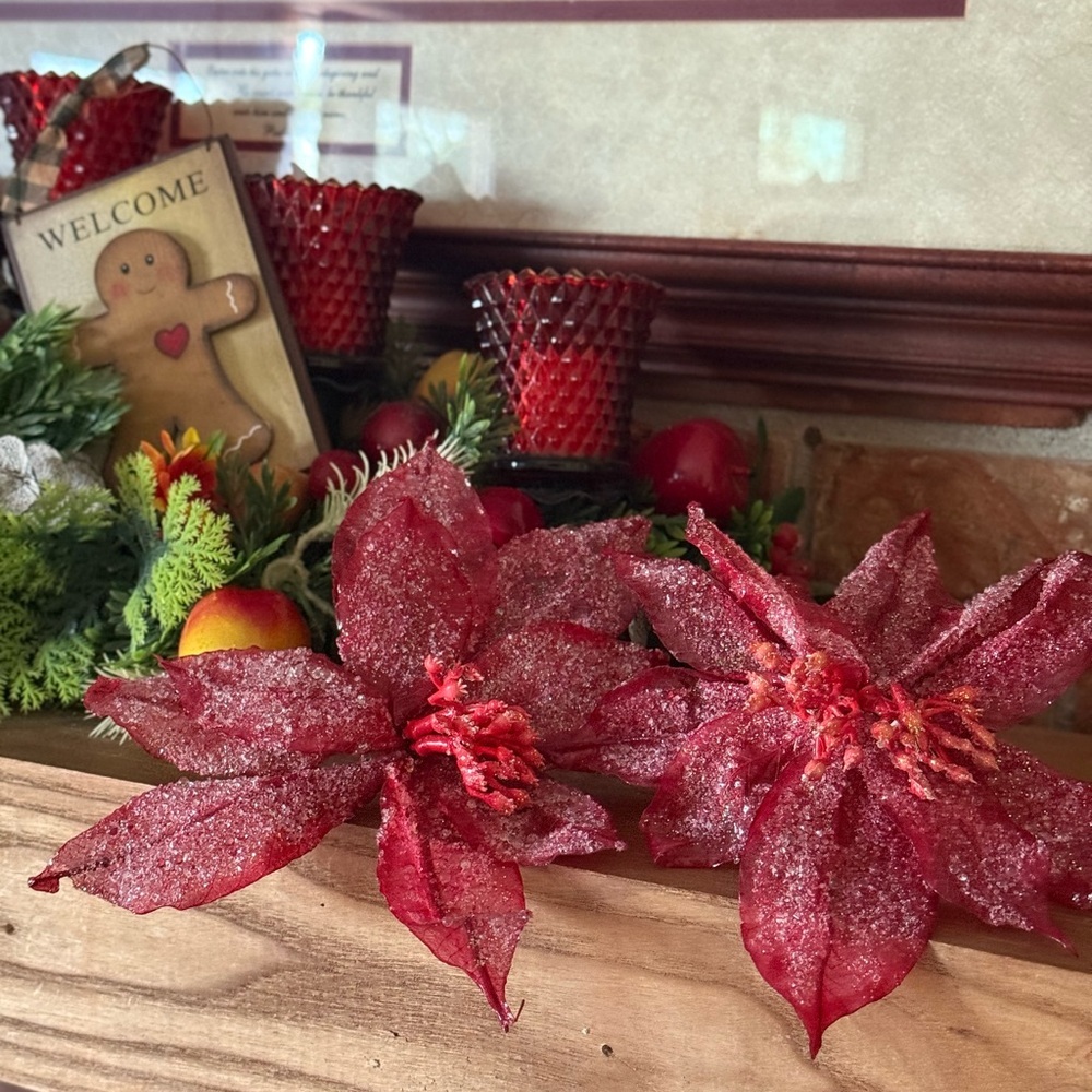 Vintage 1998 Red Frosted Glitter Poinsettia Holiday Floral Accents